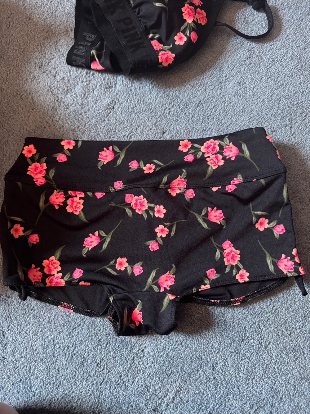 Victoria Secret-Black Floral Bralette/High-Waist Shorts Set - Pink Blossoms - Picture 4 of 5